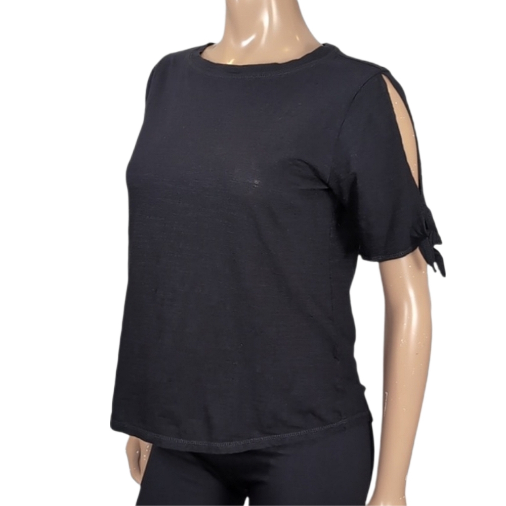 Jones New York Black Short Sleeve Top Womens Medium Slit Tie Cotton Basic